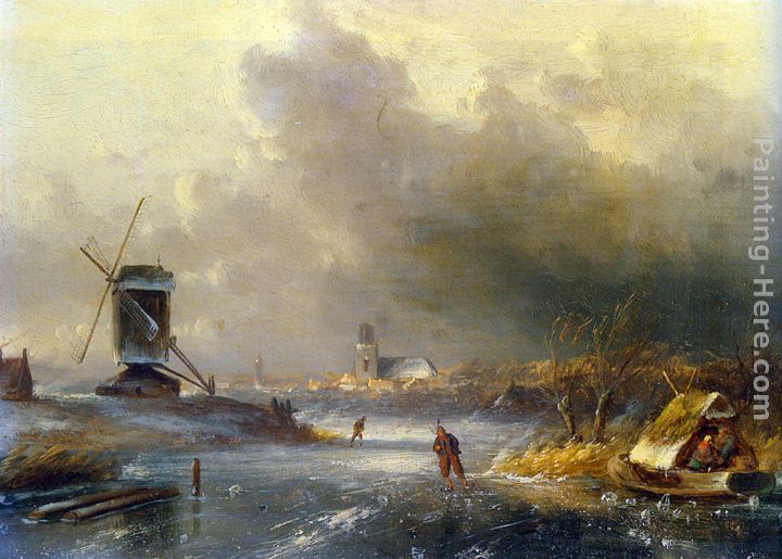 Winter Landscape with Skaters on a Frozen River painting - Charles Henri Joseph Leickert Winter Landscape with Skaters on a Frozen River art painting
